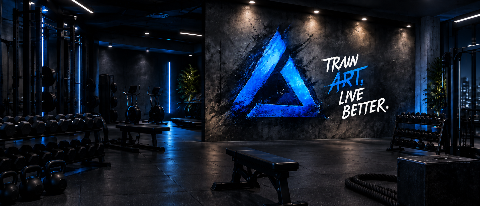 Moderné fitness centrum GYMART s modrým trojuholníkom a sloganom Train Art. Live Better.